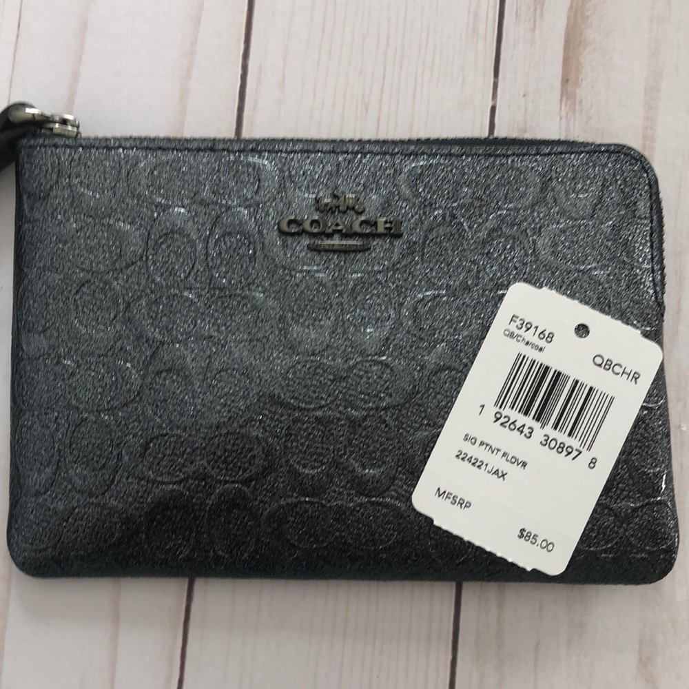 Sold!! Coach gun metal logo wristlet in charcoal - Picture 5 of 5